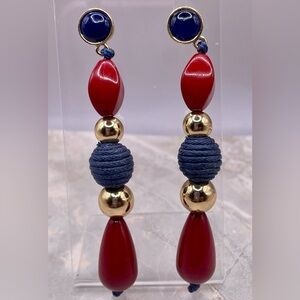 Art Deco Red and Blue Beaded Dangle Earrings with Gold Accents
